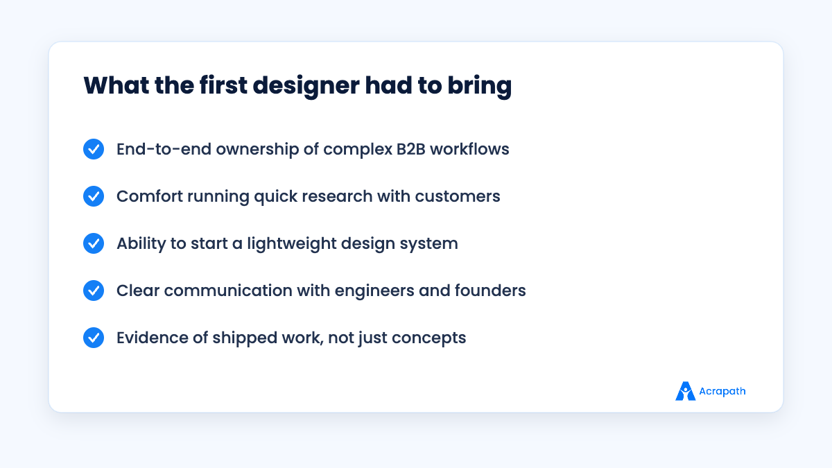 Must-have criteria used to evaluate the first product designer hire