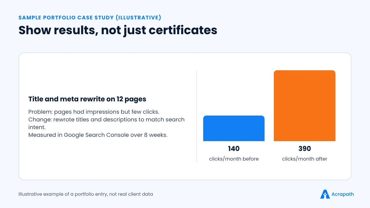 Illustrative SEO portfolio case study showing monthly clicks rising from 140 to 390 after a title and meta rewrite