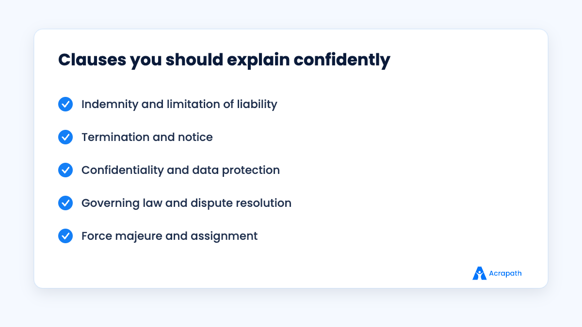Key contract clauses law graduates should be able to explain in interviews
